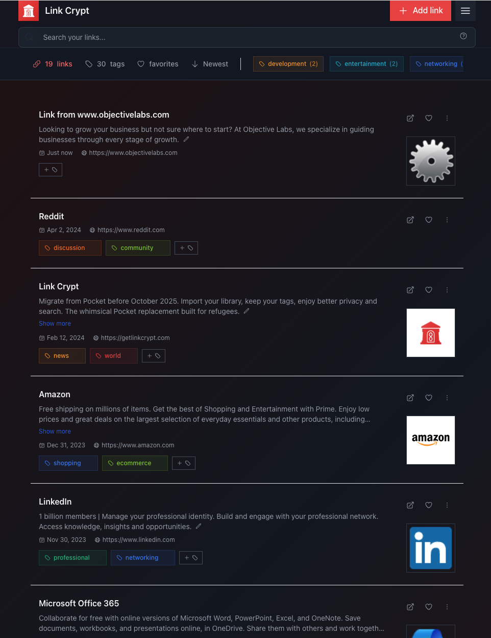 Link Crypt clean interface with organized links, tags, and search functionality
